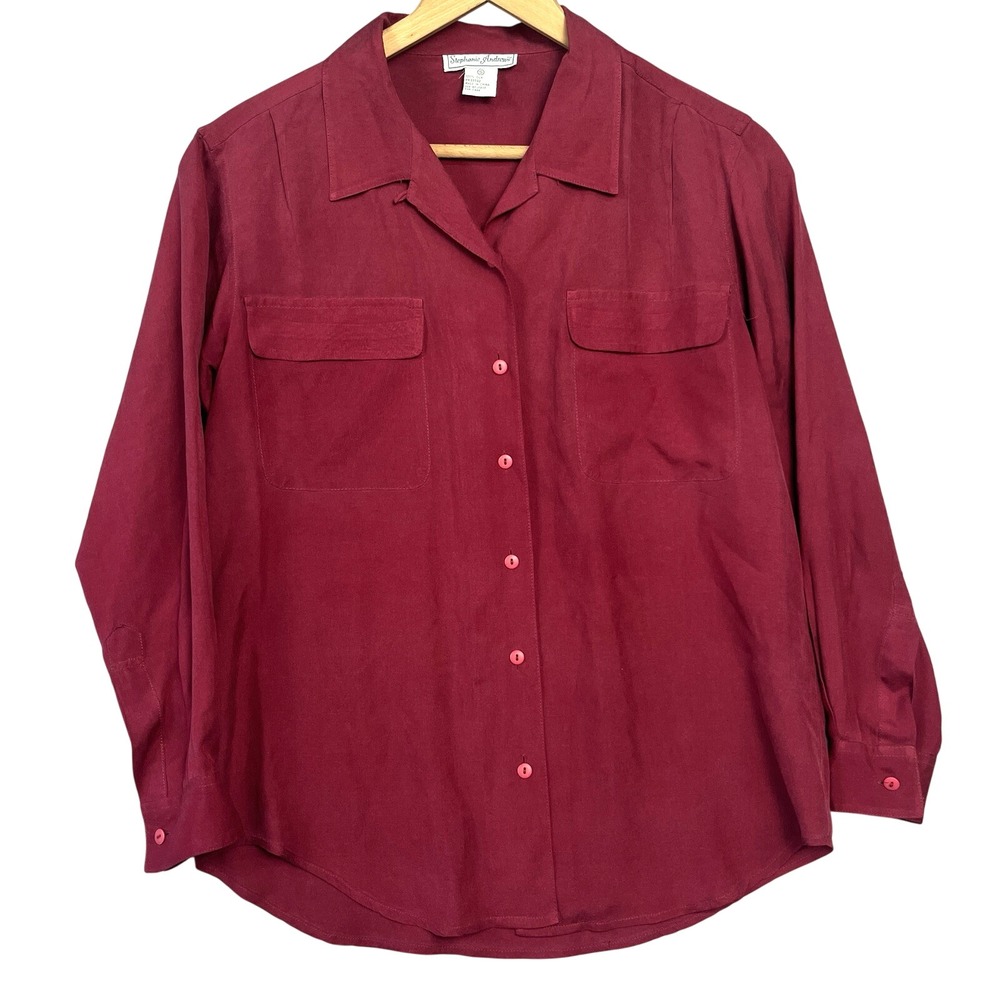 VTG Stephanie Andrews‎ 100% Silk Red Button-up Blouse Shirt, Womens Sz S Pockets